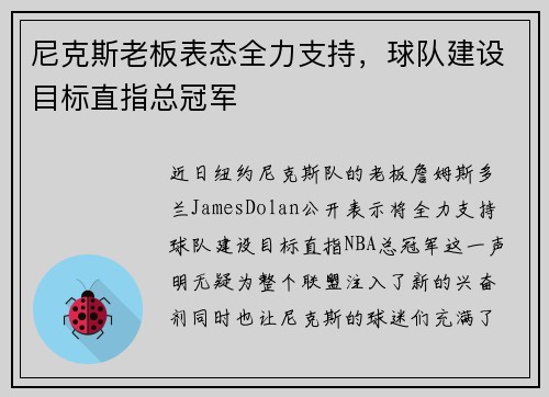 尼克斯老板表态全力支持，球队建设目标直指总冠军
