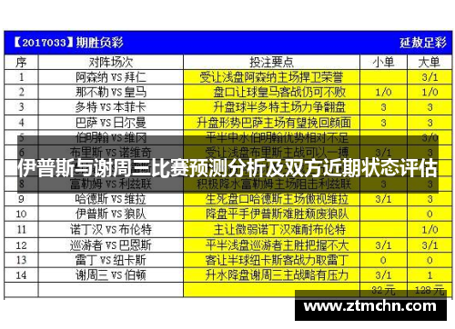 伊普斯与谢周三比赛预测分析及双方近期状态评估